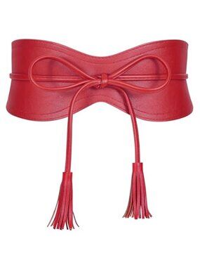 Women Red Wide Belt for Dress Ladies Cinch Obi Belt Waistband with Tassel Tie